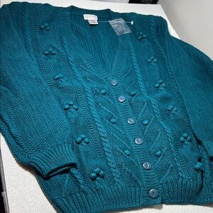 Liz Baker Dark Teal Cable Knit V-Neck Button Cardigan New w/Tags
